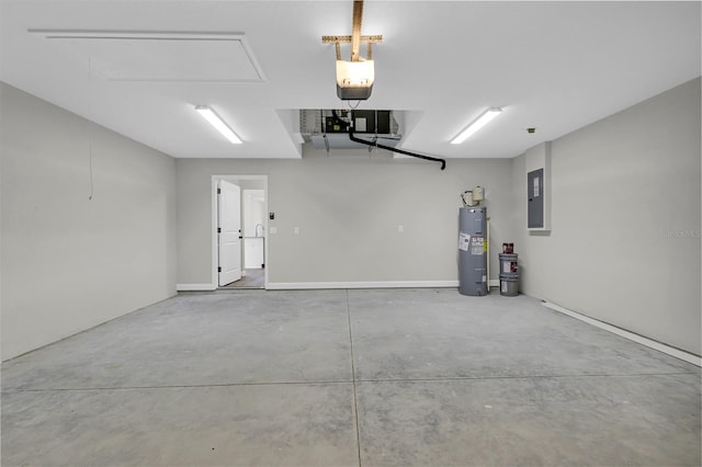 garage with electric water heater, electric panel, and a garage door opener