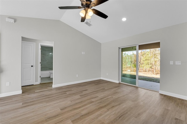 unfurnished room featuring light wood-type flooring, ceiling fan, and lofted ceiling