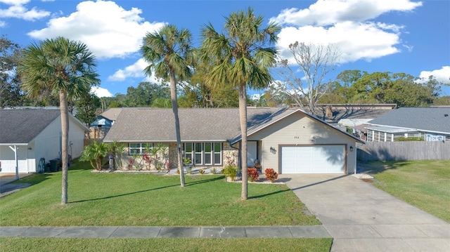 single story home with a garage and a front yard