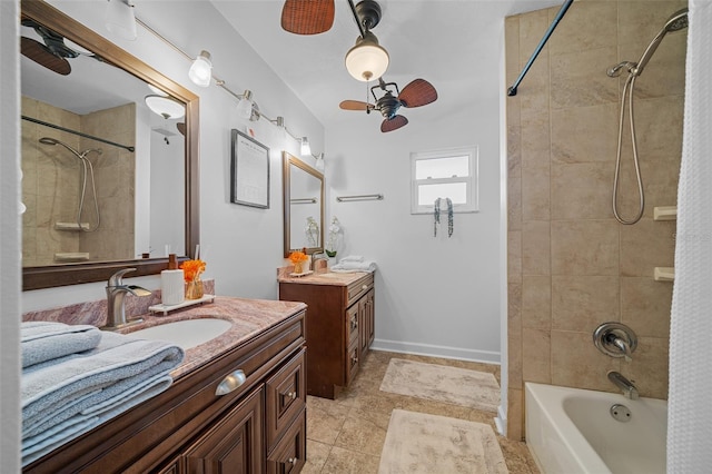 bathroom with vanity, shower / bath combination with curtain, and ceiling fan