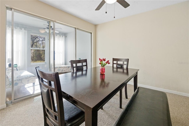 dining room with carpet floors and ceiling fan