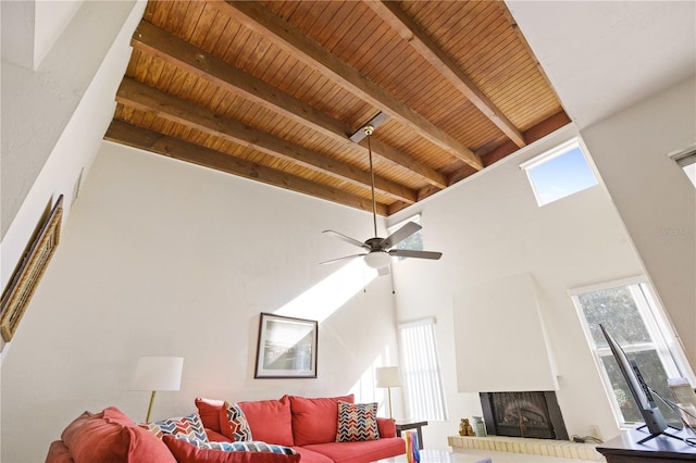 living room with a multi sided fireplace, beam ceiling, and wooden ceiling