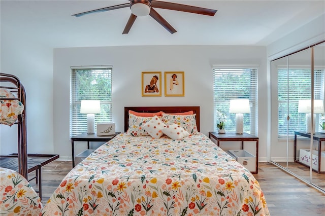 bedroom featuring ceiling fan, a closet, and wood-type flooring