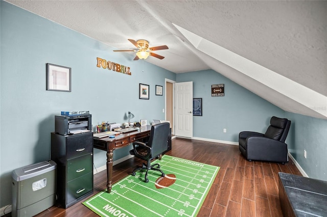 office area featuring lofted ceiling, a textured ceiling, ceiling fan, and dark hardwood / wood-style floors