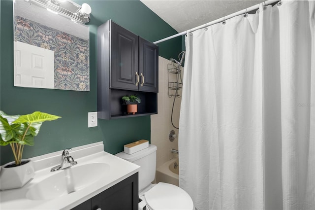 full bathroom featuring shower / bath combination with curtain, vanity, and toilet