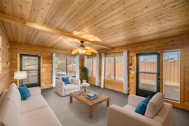 sunroom / solarium with beamed ceiling, a healthy amount of sunlight, and wood ceiling