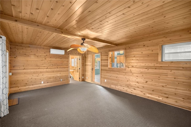 spare room with ceiling fan, wooden ceiling, beamed ceiling, a wall mounted AC, and wood walls