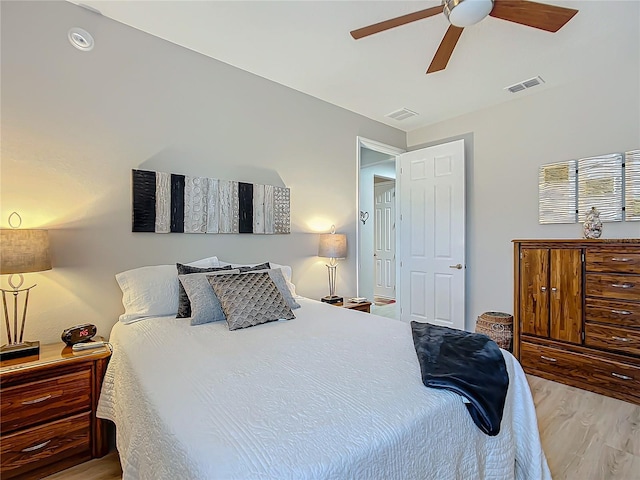 bedroom with ceiling fan and light hardwood / wood-style flooring