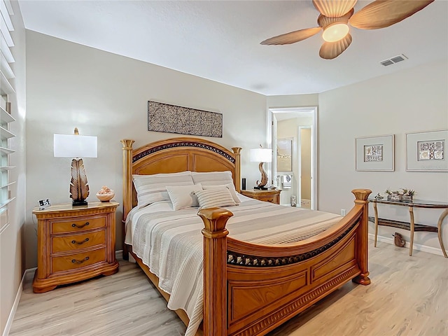 bedroom featuring ceiling fan and light wood-type flooring