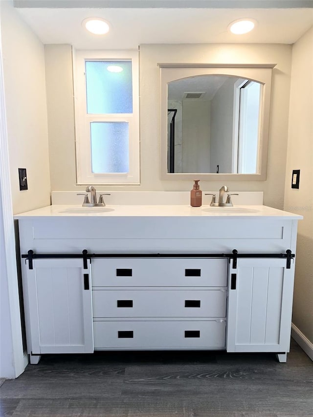 bathroom with vanity and hardwood / wood-style flooring