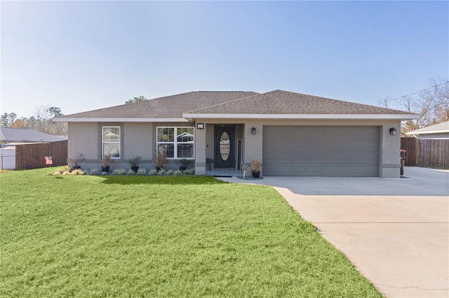 ranch-style home featuring a front yard and a garage