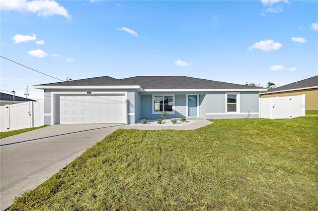 ranch-style home with a garage and a front lawn