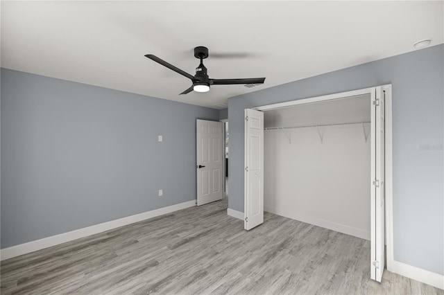 unfurnished bedroom with a closet, ceiling fan, and light hardwood / wood-style floors