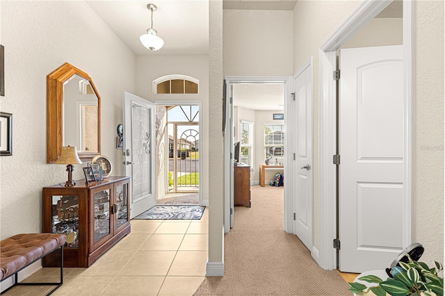 foyer entrance featuring light carpet