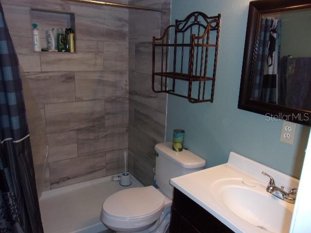 bathroom with vanity, toilet, and walk in shower