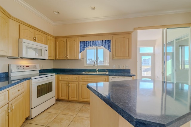 kitchen with white appliances, crown molding, sink, light brown cabinetry, and light tile patterned flooring