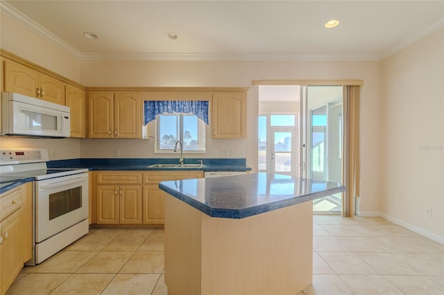 kitchen featuring white appliances, crown molding, sink, light tile patterned floors, and light brown cabinets