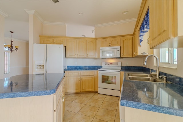 kitchen featuring light brown cabinetry, sink, white appliances, and an inviting chandelier