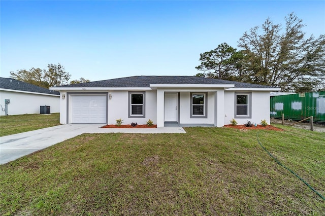 single story home featuring driveway, a front lawn, fence, and stucco siding