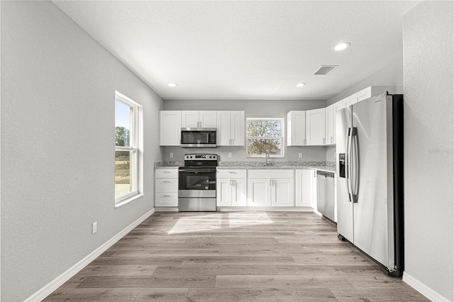 kitchen with white cabinets, a healthy amount of sunlight, sink, and stainless steel appliances