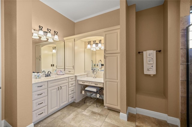 bathroom with crown molding and vanity