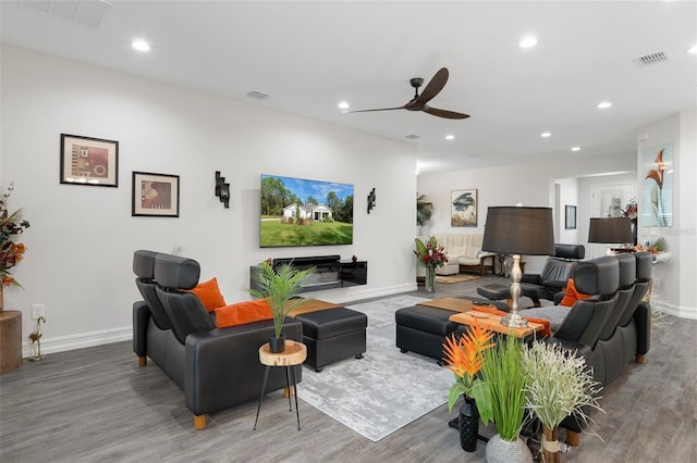 living room with ceiling fan and hardwood / wood-style floors