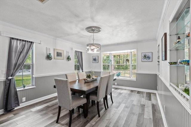 dining room with hardwood / wood-style floors, crown molding, and a healthy amount of sunlight