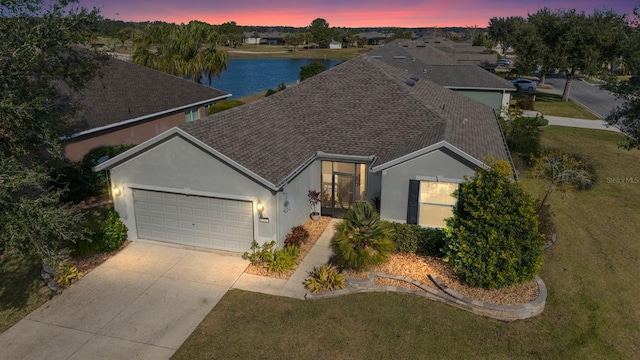 view of front of house featuring a yard, a water view, and a garage