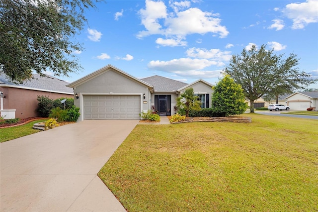 ranch-style house featuring a front lawn and a garage