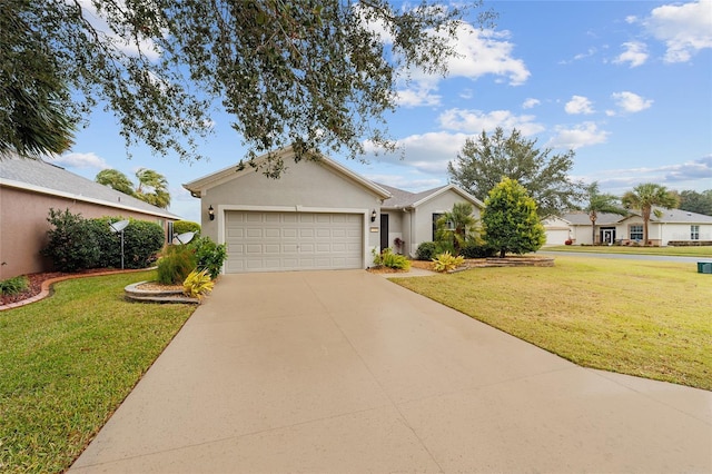 ranch-style house with a garage and a front lawn