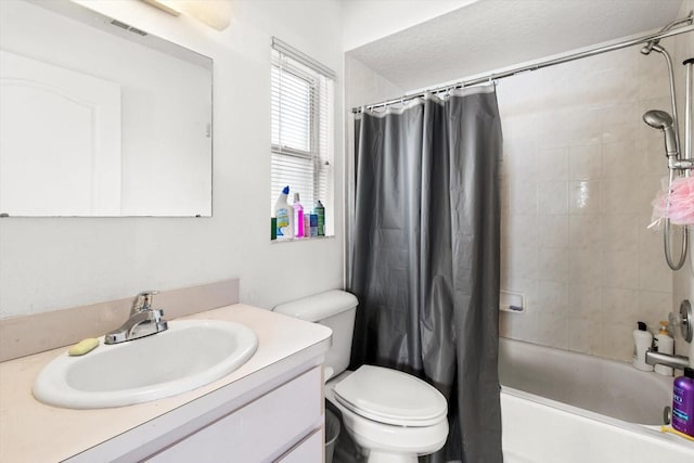 full bathroom with vanity, toilet, and shower / bathtub combination with curtain