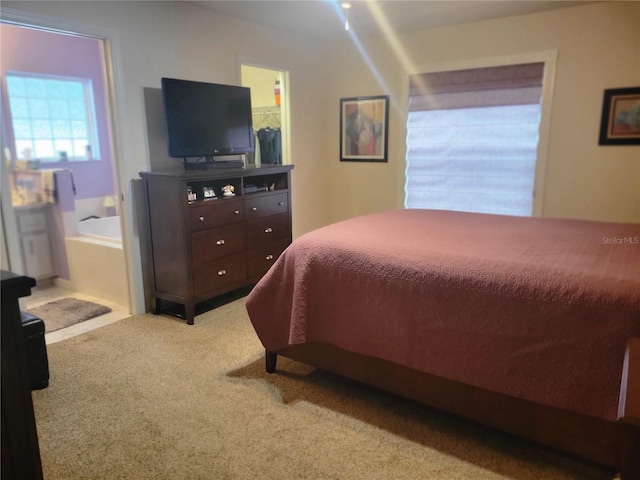 bedroom with connected bathroom and carpet