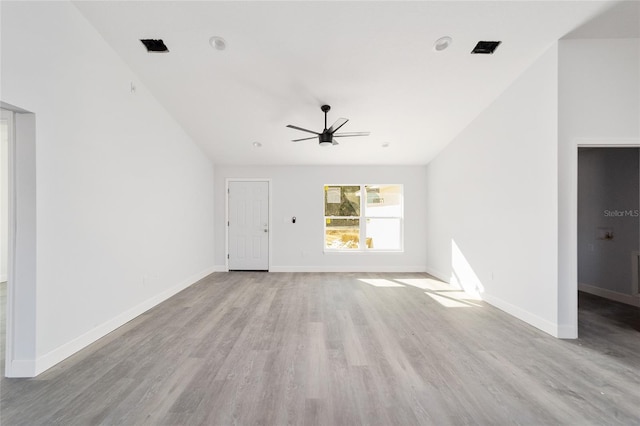 unfurnished living room featuring ceiling fan and light hardwood / wood-style floors