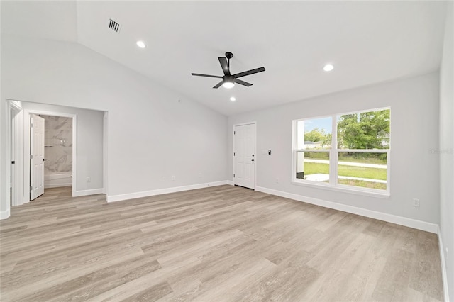 55 Locust Loop Cir, Ocala, FL 34472 - unfurnished living room with a ceiling fan, lofted ceiling, light wood finished floors, and recessed lighting
