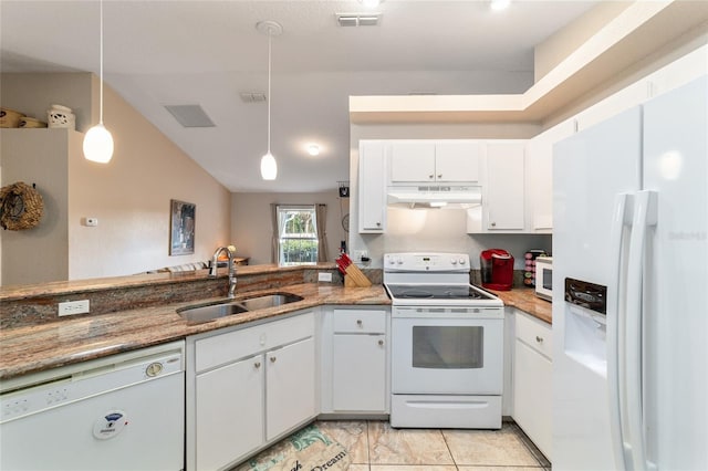 kitchen with white cabinetry, sink, white appliances, and hanging light fixtures