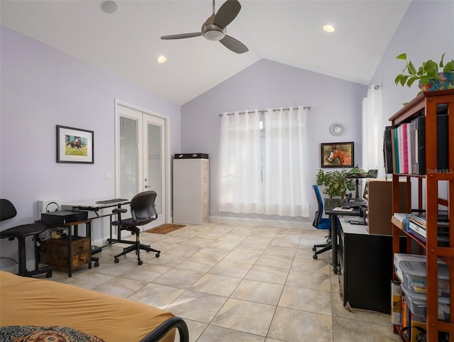 office featuring ceiling fan, french doors, light tile patterned floors, and vaulted ceiling