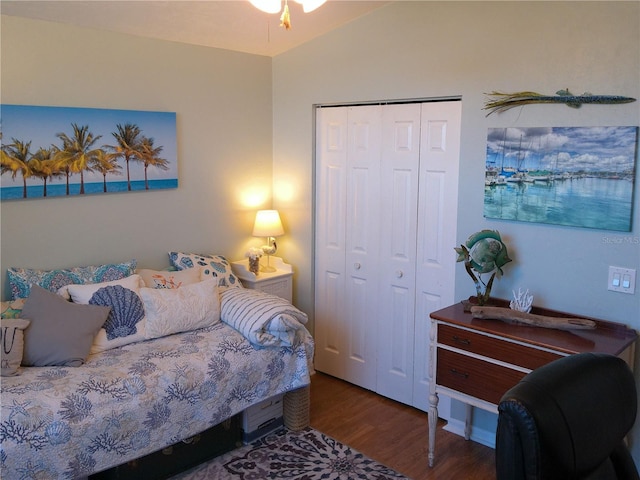 bedroom featuring vaulted ceiling, a closet, and dark wood-type flooring