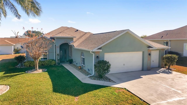 ranch-style house featuring a garage and a front lawn