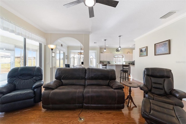 living room featuring hardwood / wood-style floors, ceiling fan, crown molding, and a textured ceiling