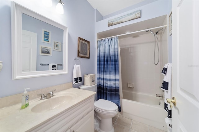 full bathroom with tile patterned flooring, vanity, toilet, and shower / bathtub combination with curtain