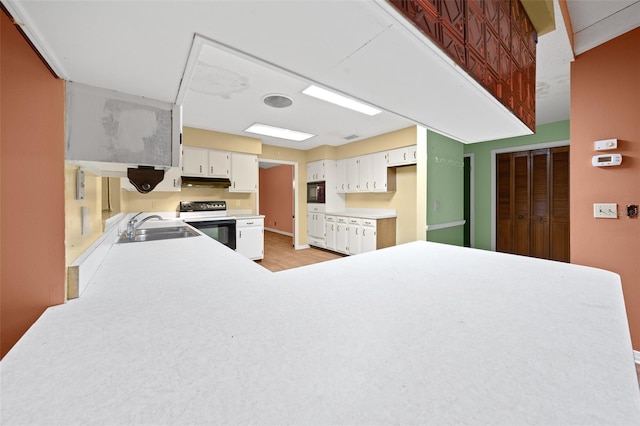 kitchen with stainless steel electric range, white cabinets, sink, light hardwood / wood-style flooring, and kitchen peninsula