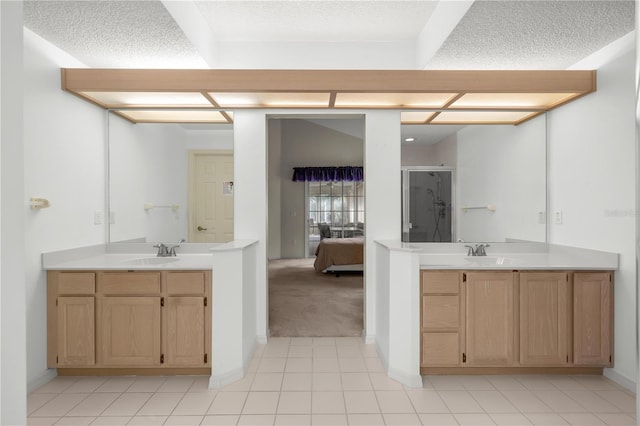 bathroom with vanity and a shower with shower door