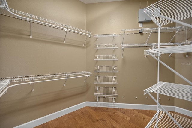 walk in closet with wood-type flooring