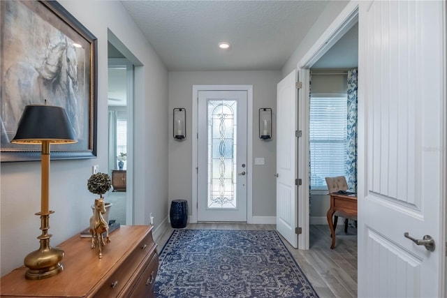 entryway featuring a textured ceiling, light hardwood / wood-style flooring, and a wealth of natural light