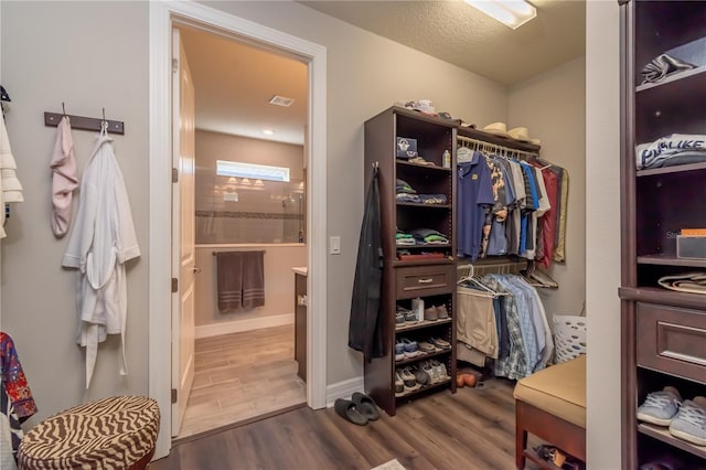 walk in closet with hardwood / wood-style floors