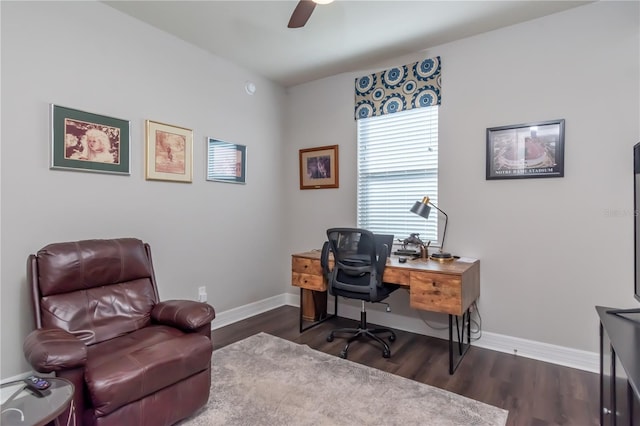 office space featuring ceiling fan and dark wood-type flooring