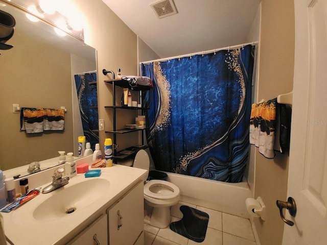 full bath featuring visible vents, toilet, tile patterned flooring, shower / bath combo with shower curtain, and vanity