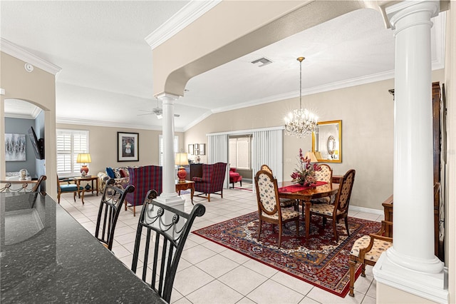 dining space with lofted ceiling, ceiling fan with notable chandelier, crown molding, a textured ceiling, and light tile patterned flooring