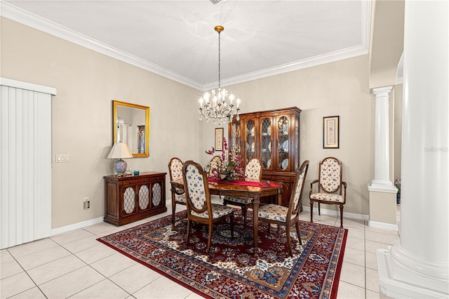 dining space with decorative columns, crown molding, light tile patterned flooring, and a notable chandelier