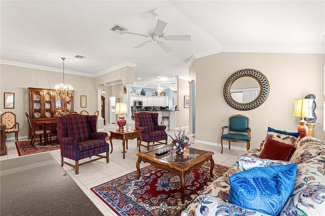 tiled living room with ceiling fan with notable chandelier, crown molding, and lofted ceiling